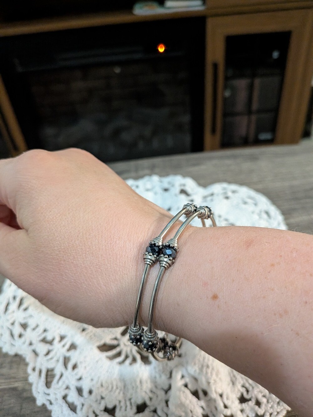 Silver Wire Bracelet With Blue Beads